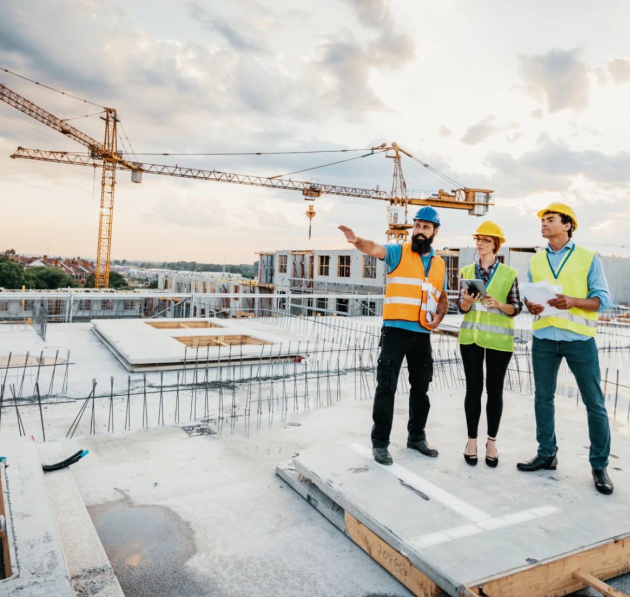 Construction team discussing site plans with cranes.